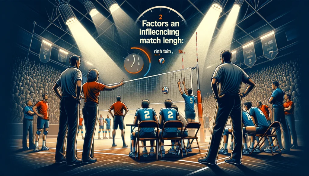 DALL·E 2024 02 25 19.29.54 An illustrative image for the section titled Factors Influencing Match Length From Rallies to Timeouts. This image should capture the dynamic eleme