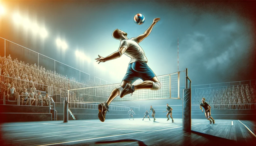 DALL·E 2024 02 28 17.53.48 Create a realistic image featuring an Outside Hitter in action on the volleyball court jumping high to spike the ball. The player should be positione